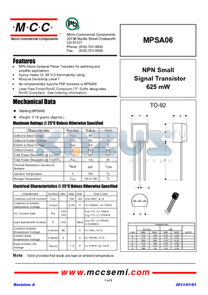 MPSA06_11 datasheet - NPN Small Signal Transistor 625 mW