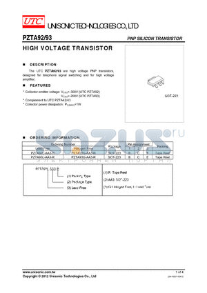 PZTA93L-AA3-R datasheet - HIGH VOLTAGE TRANSISTOR