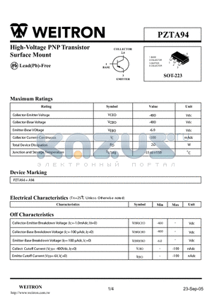 PZTA94 datasheet - High-Voltage PNP Transistor Surface Mount