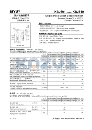 KBJ601 datasheet - Single-phase Silicon Bridge Rectifier Reverse Voltage 50 to 1000 V Forward Current 6.0 A