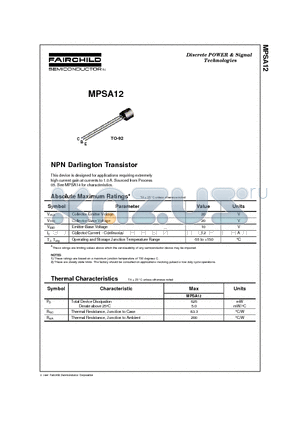 MPSA12 datasheet - NPN Darlington Transistor
