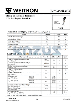 MPSA13 datasheet - Plastic-Encapsulate Transistros NPN Darlington Transistor