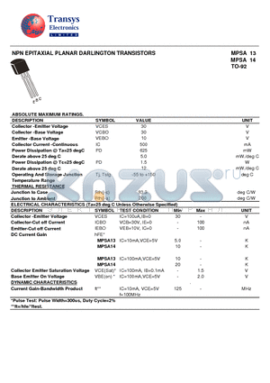 MPSA13 datasheet - NPN EPITAXIAL PLANAR DARLINGTON TRANSISTORS