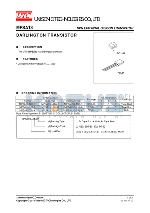 MPSA13 datasheet - DARLINGTON TRANSISTOR