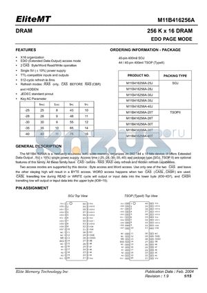 M11B416256A-40T datasheet - 256 K x 16 DRAM EDO PAGE MODE