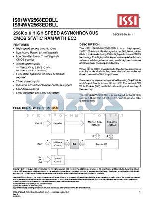 IS64WV2568EDBLL-10BA1 datasheet - 256K x 8 HIGH SPEED ASYNCHRONOUS CMOS STATIC RAM WITH ECC