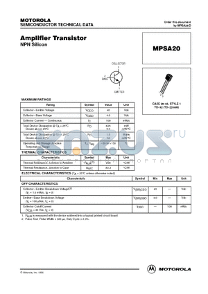 MPSA20 datasheet - Amplifier Transistor