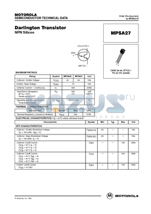 MPSA27 datasheet - Darlington Transistor