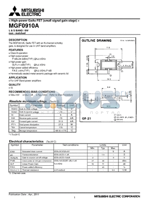 MGF0910A datasheet - High-power GaAs FET (small signal gain stage)