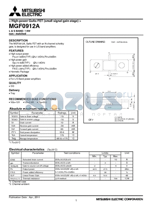 MGF0912A datasheet - High-power GaAs FET (small signal gain stage)