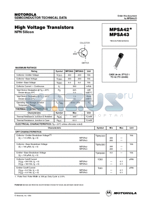 MPSA42 datasheet - High Voltage Transistors