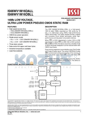 IS66WV1M16DBLL datasheet - 16Mb LOW VOLTAGE, ULTRA LOW POWER PSEUDO CMOS STATIC RAM