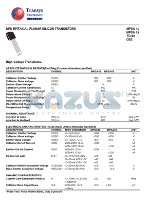 MPSA42 datasheet - NPN EPITAXIAL PLANAR SILICON TRANSISTORS