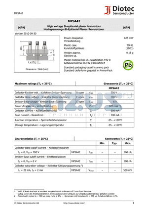 MPSA42 datasheet - High voltage Si-epitaxial planar transistors