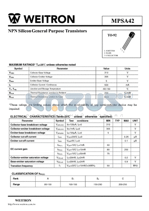 MPSA42 datasheet - NPN SiliconGeneral Purpose Transistors