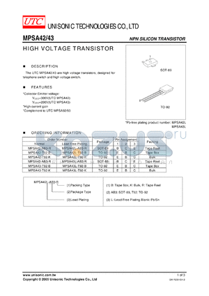 MPSA42-AB3-R datasheet - HIGH VOLTAGE TRANSISTOR