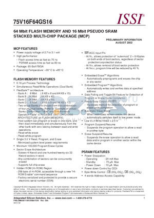 IS75V16F64GS16-7080DI datasheet - 64 Mbit FLASH MEMORY AND 16 Mbit PSEUDO SRAM STACKED MULTI-CHIP PACKAGE (MCP)