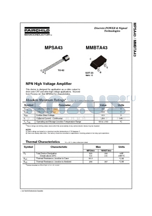 MPSA43 datasheet - NPN High Voltage Amplifier