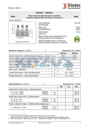 MPSA43 datasheet - High voltage Si-epitaxial planar transistors