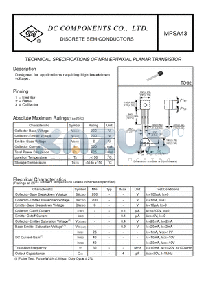 MPSA43 datasheet - TECHNICAL SPECIFICATIONS OF NPN EPITAXIAL PLANAR TRANSISTOR