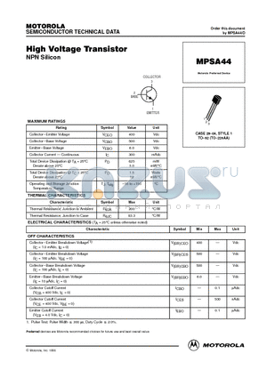 MPSA44 datasheet - High Voltage Transistor