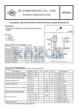 MPSA44 datasheet - TECHNICAL SPECIFICATIONS OF NPN EPITAXIAL PLANAR TRANSISTOR