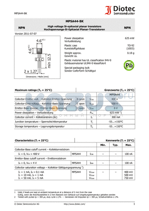 MPSA44-BK datasheet - High voltage Si-epitaxial planar transistors