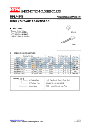 MPSA44G-T92-K datasheet - HIGH VOLTAGE TRANSISTOR