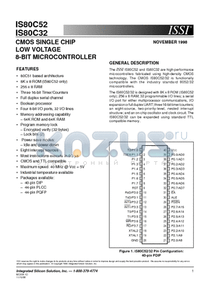 IS80C52 datasheet - CMOS SINGLE CHIP LOW VOLTAGE 8-BIT MICROCONTROLLER