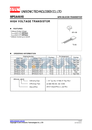 MPSA45G-T92-B datasheet - HIGH VOLTAGE TRANSISTOR