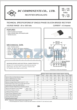 KBL005 datasheet - TECHNICAL SPECIFICATIONS OF SINGLE-PHASE SILICON BRIDGE RECTIFIER