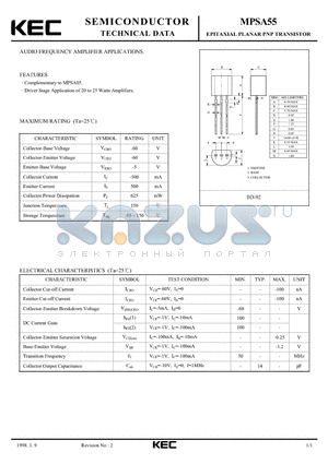 MPSA55 datasheet - EPITAXIAL PLANAR PNP TRANSISTOR (AUDIO FREQUENCY AMPLIFIER)