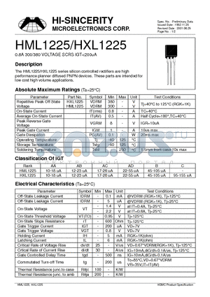 HXL1225 datasheet - 0.8A 300.380 VOLTAGE SCRS IGT<200uA