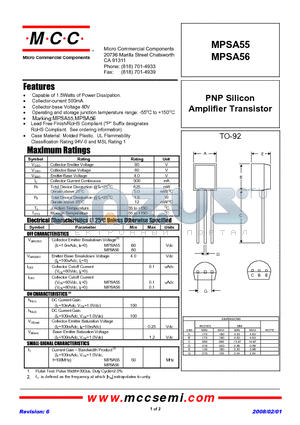 MPSA55 datasheet - PNP Silicon Amplifier Transistor