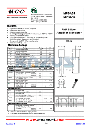 MPSA56 datasheet - PNP Silicon Amplifier Transistor