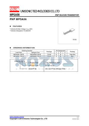 MPSA56G-T92-K datasheet - PNP MPSA56