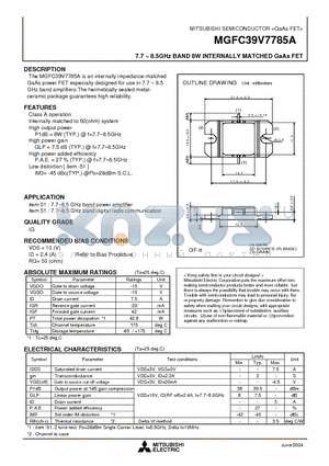 MGFC39V7785A datasheet - 7.7 ~ 8.5GHz BAND 8W INTERNALLY MATCHED GaAs FET