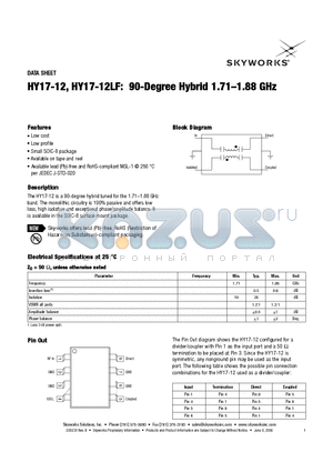 HY17-12LF datasheet - 90-Degree Hybrid 1.71-1.88 GHz