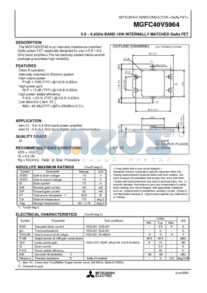 MGFC40V5964 datasheet - 5.9 ~ 6.4GHz BAND 10W INTERNALLY MATCHED GaAs FET