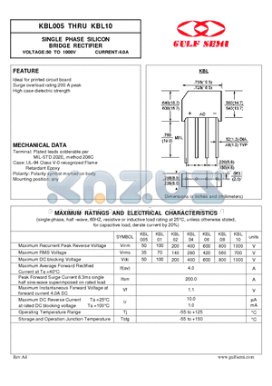 KBL06 datasheet - SINGLE PHASE SILICON BRIDGE RECTIFIER VOLTAGE:50 TO 1000V CURRENT:4.0A