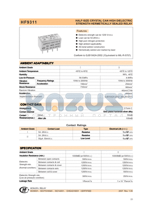 HF9311-00931I datasheet - HALF-SIZE CRYSTAL CAN HIGH DIELECTRIC STRENGTH HERMETICALLY SEALED RELAY