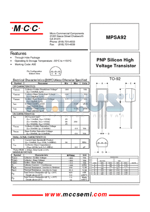 MPSA92 datasheet - PNP Silicon High Voltage Transistor