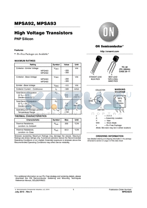 MPSA92 datasheet - High Voltage Transistors