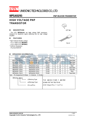 MPSA92G-T92-K datasheet - HIGH VOLTAGE PNP TRANSISTOR