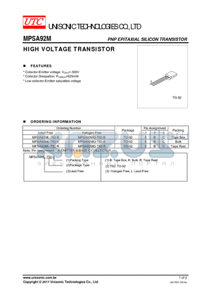 MPSA92MG-T92-K datasheet - HIGH VOLTAGE TRANSISTOR