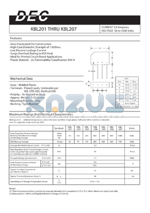 KBL201 datasheet - CURRENT 2.0 Amperes VOLTAGE 50 to 1000 Volts