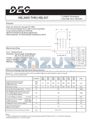 KBL3005 datasheet - CURRENT 3.0 Amperes VOLTAGE 50 to 1000 Volts