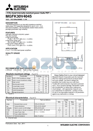 MGFK30V4045 datasheet - X/Ku band internally matched power GaAs FET