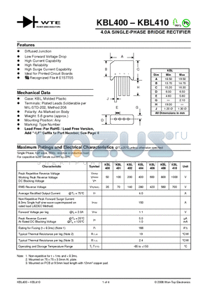 KBL400 datasheet - 4.0A SINGLE-PHASE BRIDGE RECTIFIER