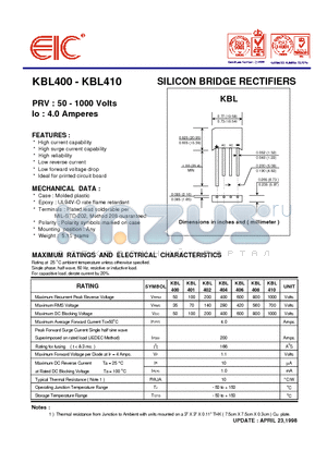 KBL400 datasheet - SILICON BRIDGE RECTIFIERS
